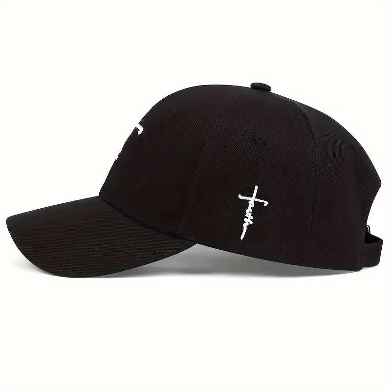 Black cap with a white logo on a white background