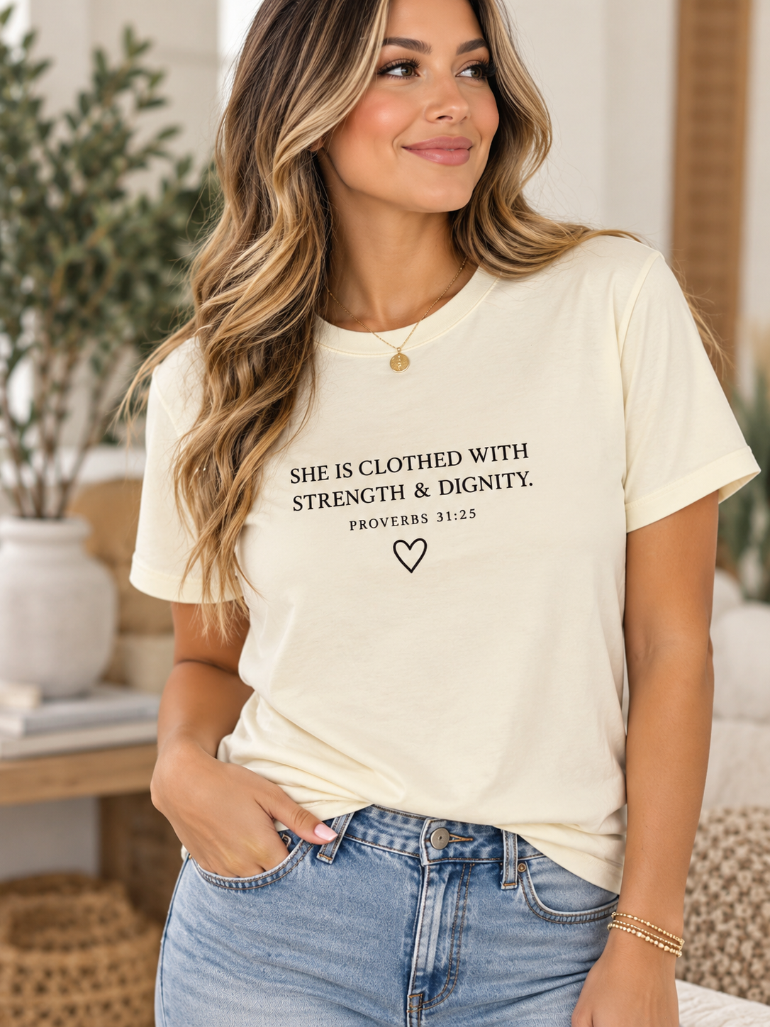 Proverbs 31:25 Strength & Dignity Christian T-Shirt – Ivory