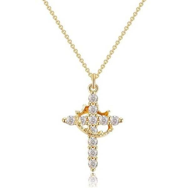 Sparkling Crown Cross Pendant Necklace Christian Jewelry: Rose Gold