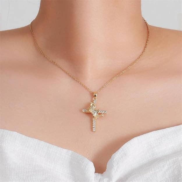 Sparkling Crown Cross Pendant Necklace Christian Jewelry: Rose Gold