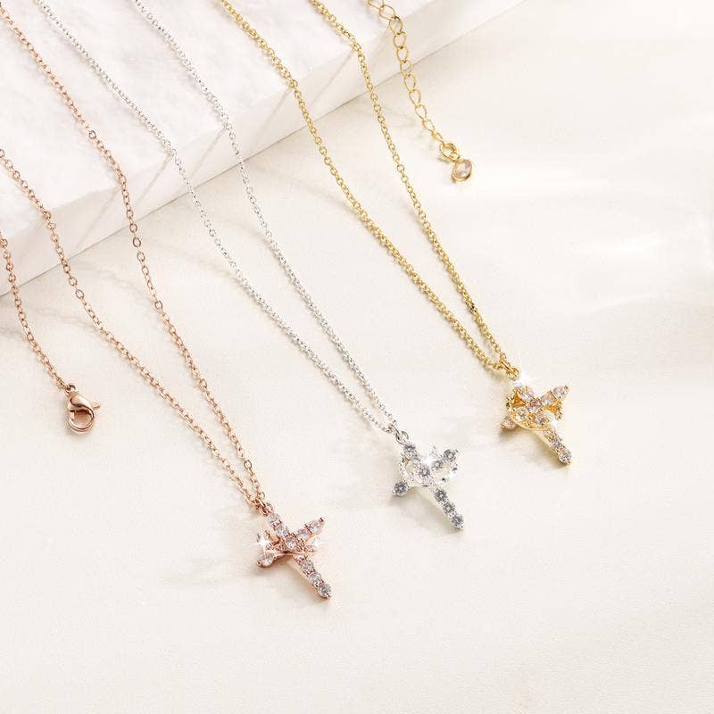 Sparkling Crown Cross Pendant Necklace Christian Jewelry: Rose Gold