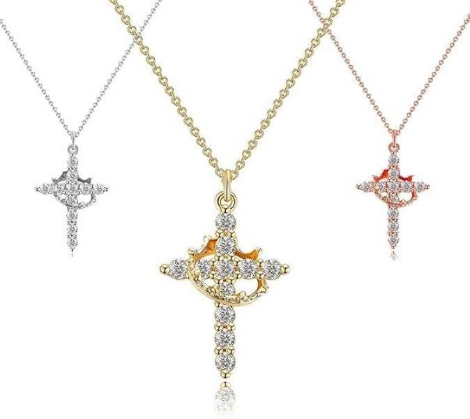 Sparkling Crown Cross Pendant Necklace Christian Jewelry: Rose Gold