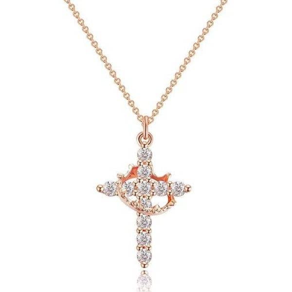 Sparkling Crown Cross Pendant Necklace Christian Jewelry: Rose Gold