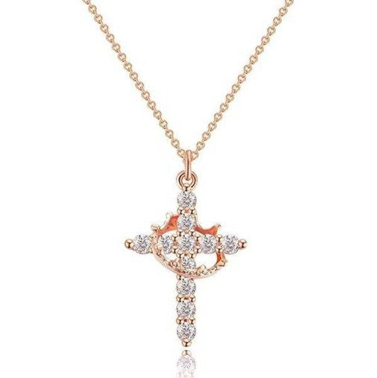 Sparkling Crown Cross Pendant Necklace Christian Jewelry: Rose Gold