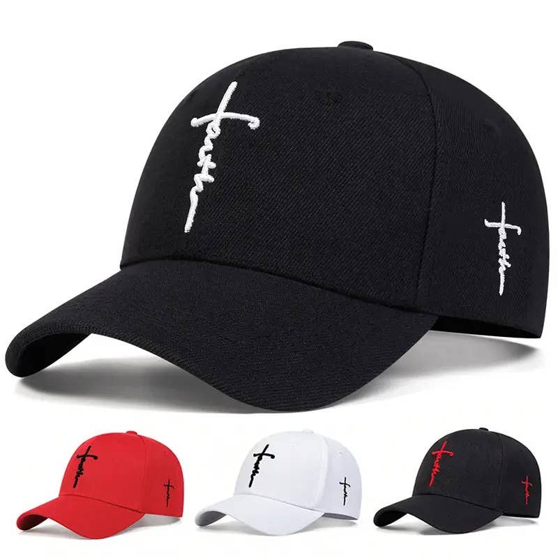 Black cap with 'Faith' embroidery, shown with additional colors on a white background.