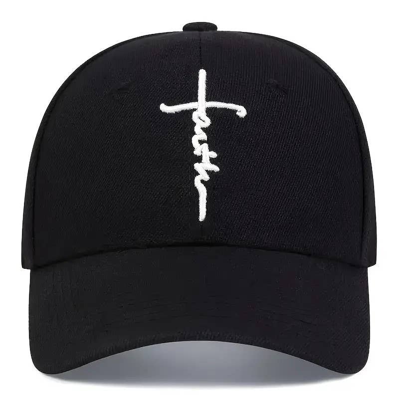 Black cap with a white cross and 'Faith' text on a white background
