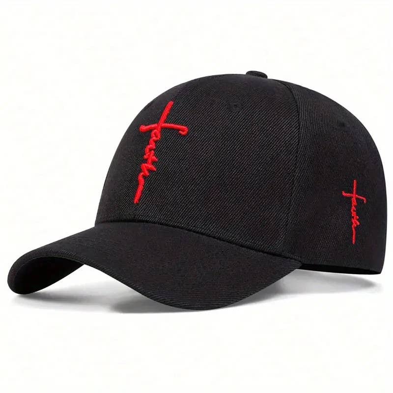 Black cap with red embroidered design on a white background