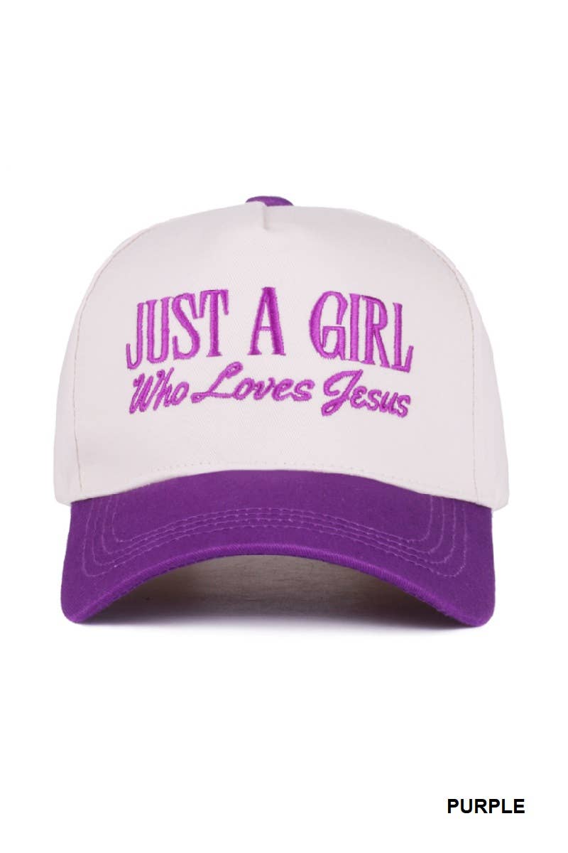 Cap with 'Just a Girl Who Loves Jesus' purple text on a white background