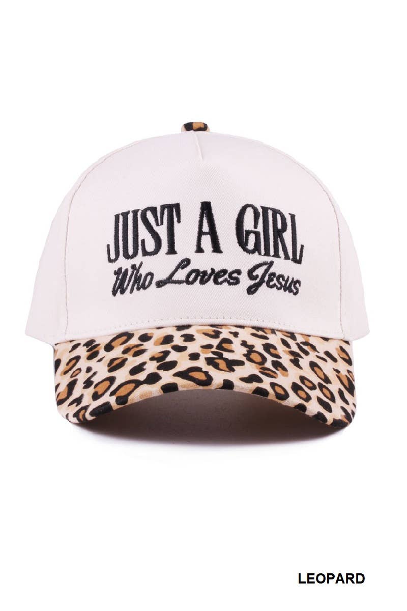 Cap with 'Just a Girl Who Loves Jesus' text and leopard print brim on white background