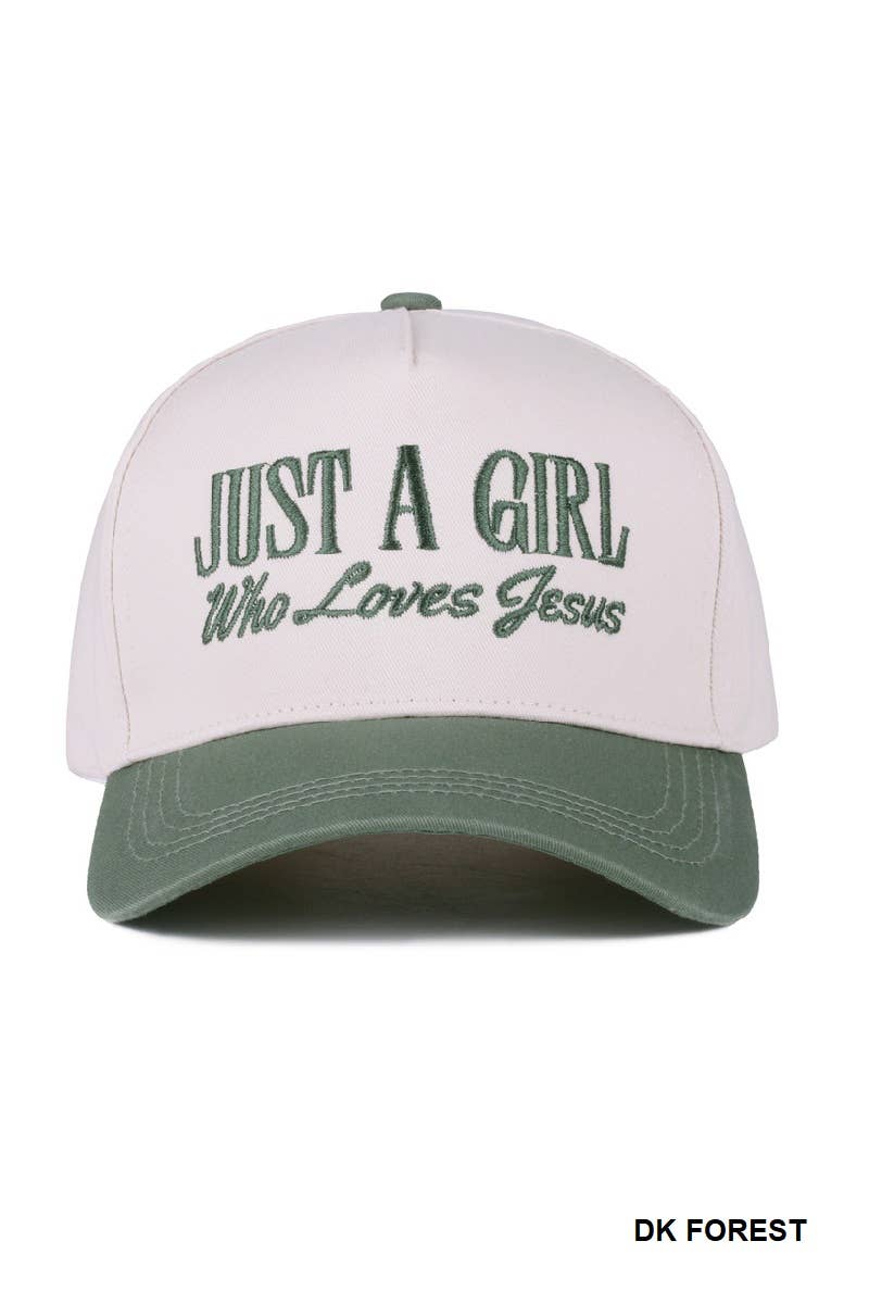 Cap with 'Just a Girl Who Loves Jesus' text on a white background