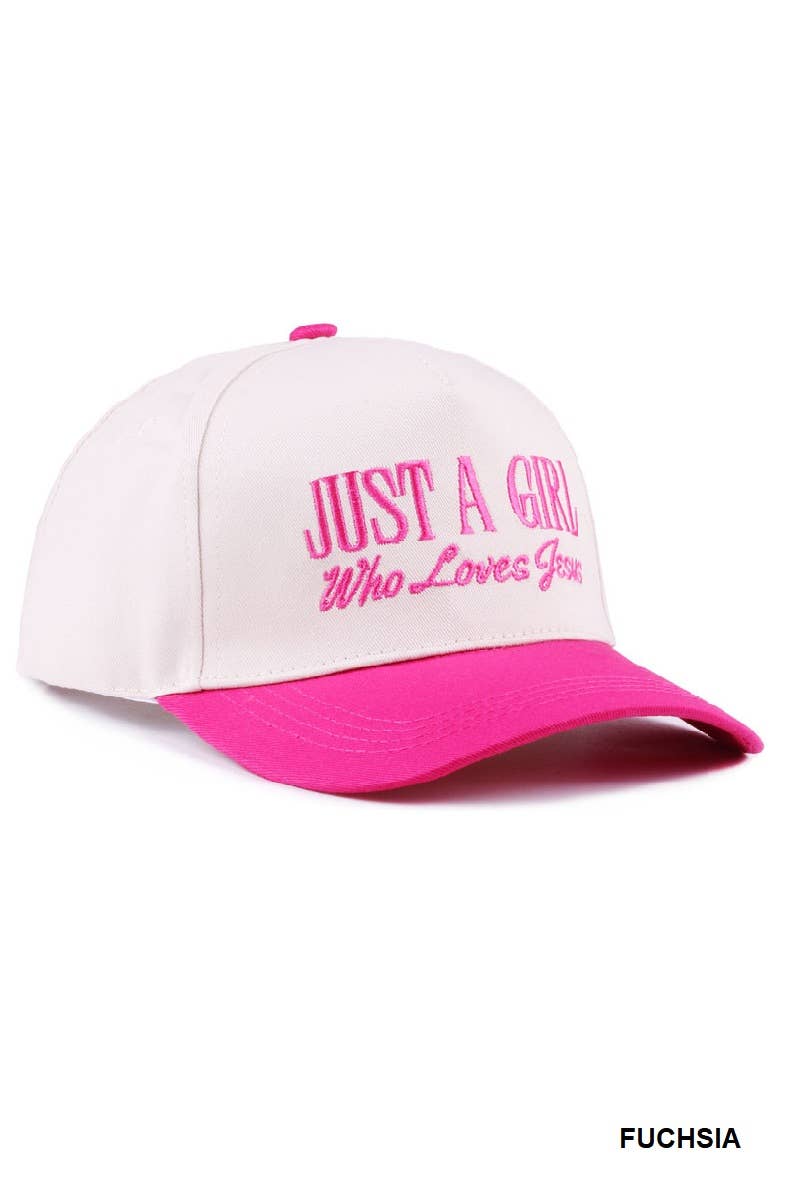 Cap with 'Just a Girl Who Loves You' text on a white background