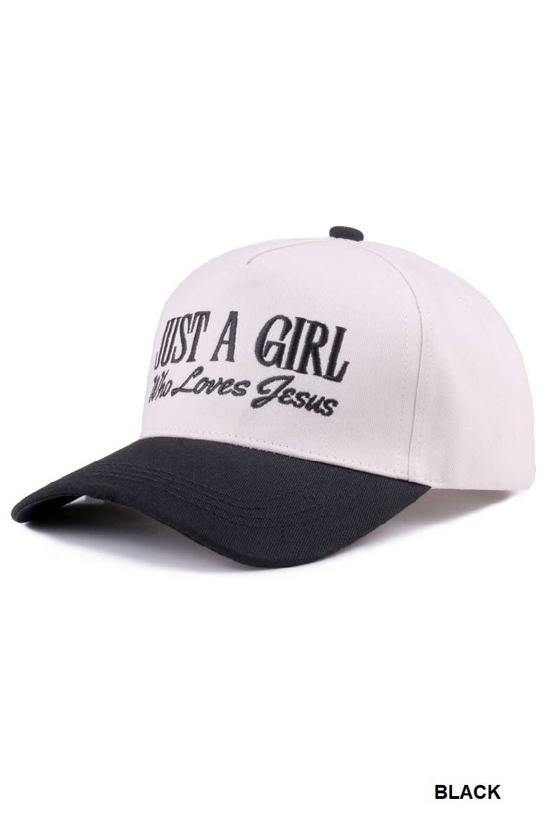 Cap with text 'Just a Girl Who Loves Jesus' on a white background
