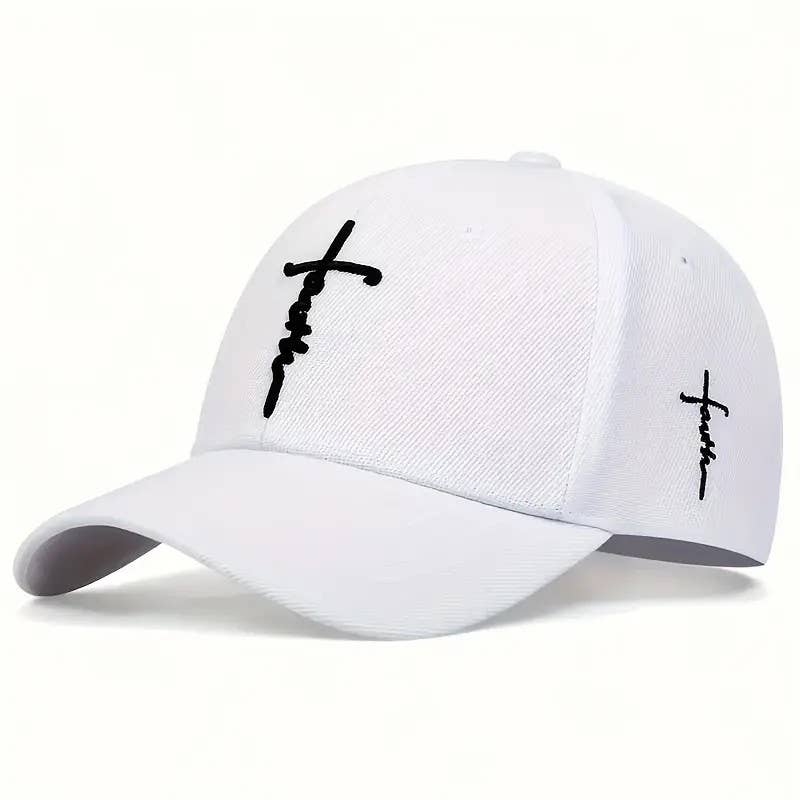 White cap with black cross and 'Faith' embroidery on a white background