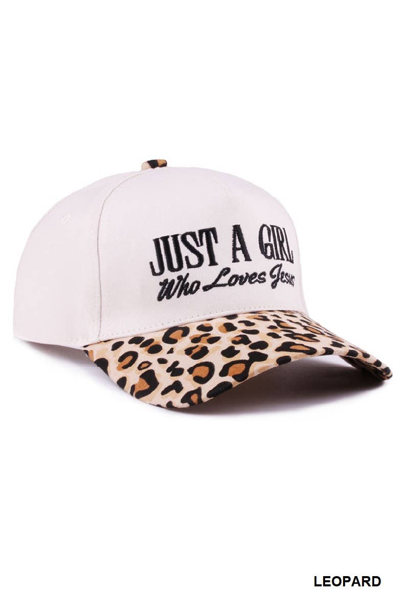 White cap with leopard print visor and 'Just a Girl Who Loves Jesus' text on a white background