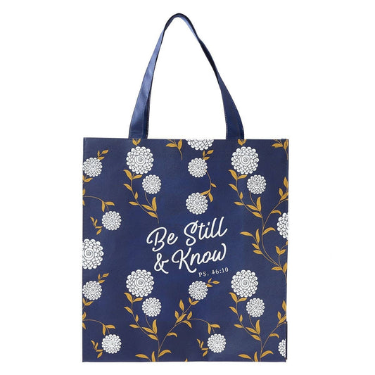 Navy Be Still and Know Christian tote bag with Psalm 46:10