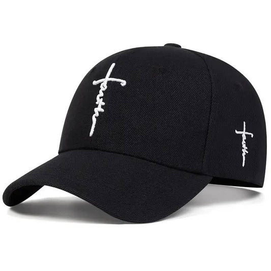 Black Christian baseball cap for women with white embroidered cross
