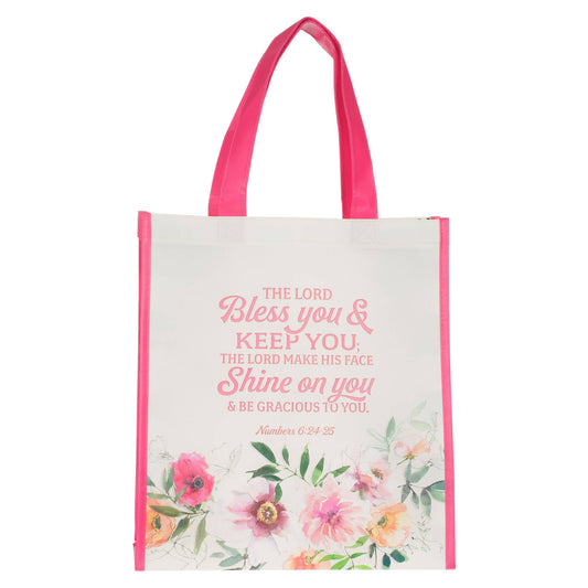 Pink floral Bless You and Keep You Christian tote bag for women