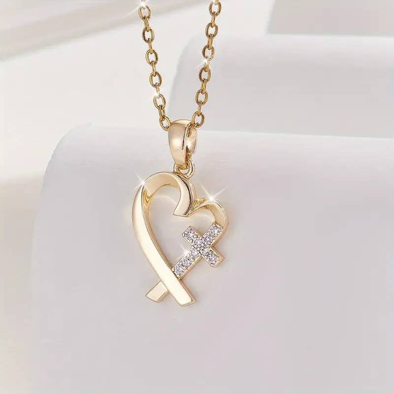 Gold-tone heart and cross Christian necklace for women