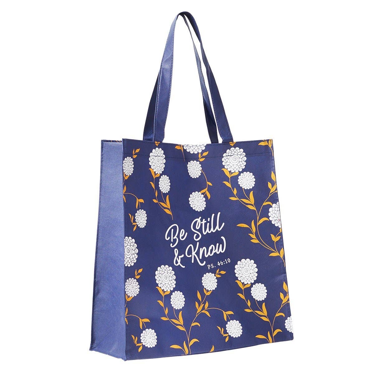 Reusable navy Christian tote bag with white floral Scripture design