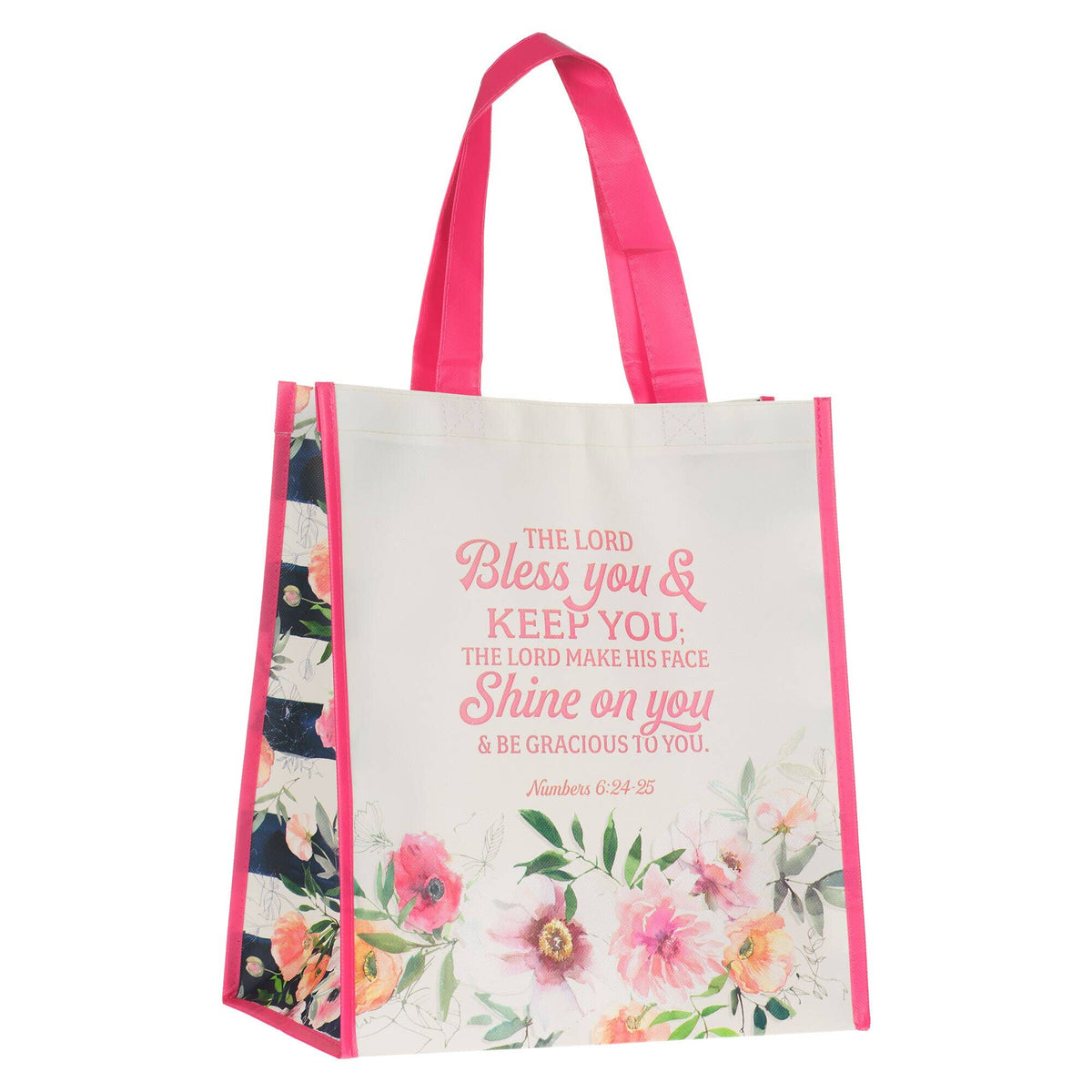Numbers 6:24–25 Christian Scripture tote bag with pink floral design