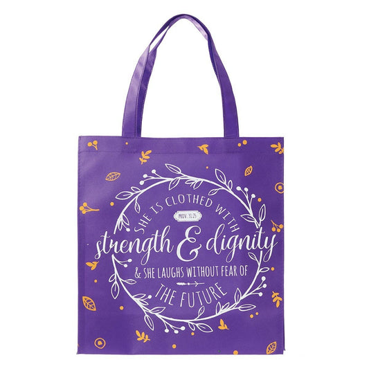 Purple Strength and Dignity Proverbs 31:25 Christian tote bag