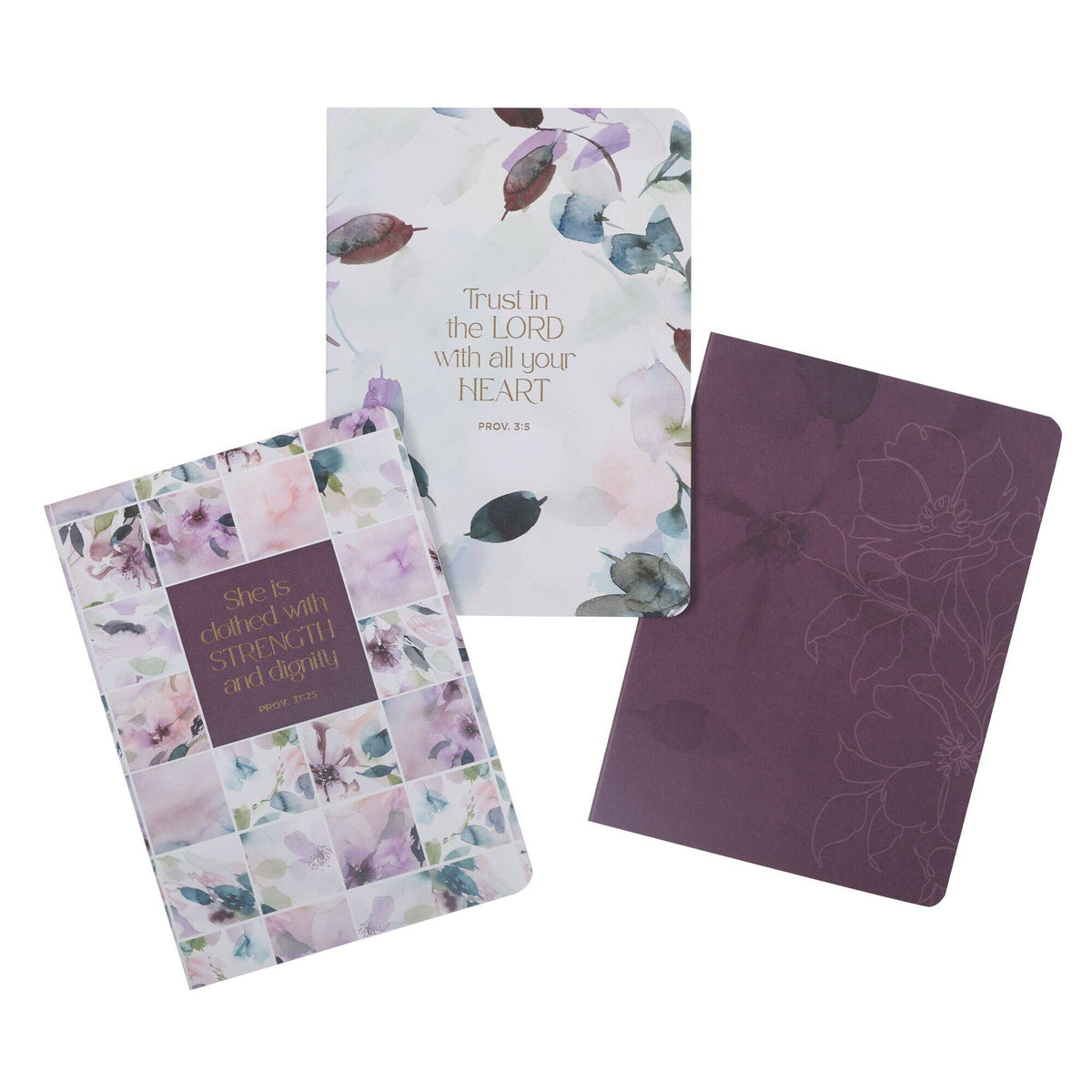 Three-piece purple floral Christian notebook set with Scripture