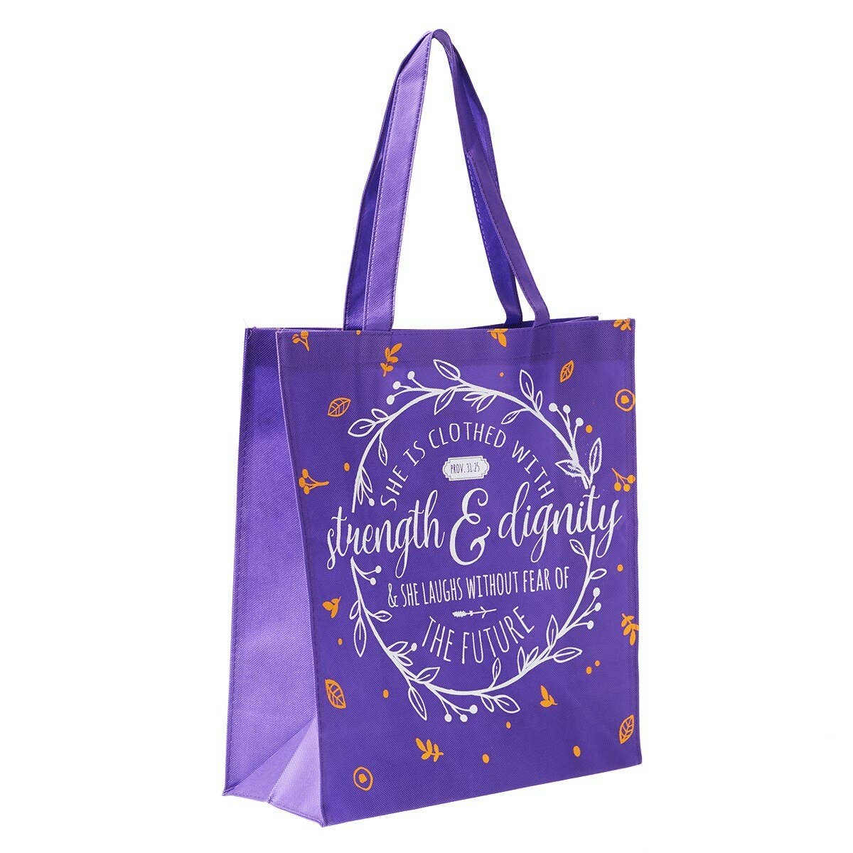 Purple Christian tote bag for women featuring Proverbs 31:25