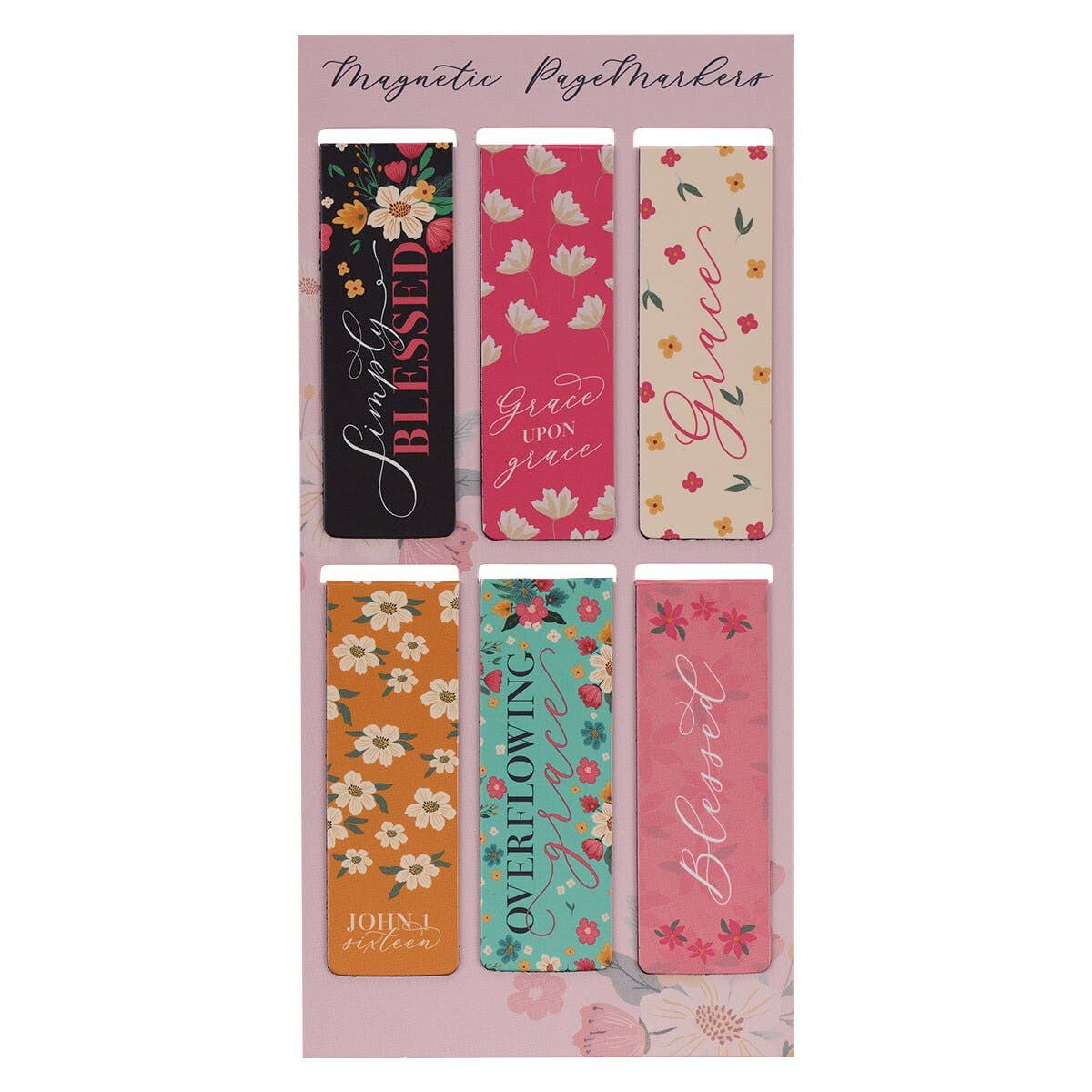 Simply Blessed Christian magnetic bookmark set with six floral designs